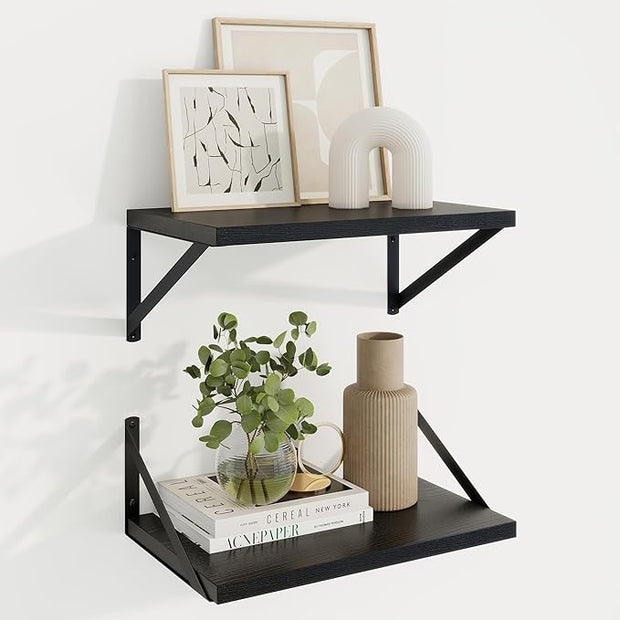 Axeman Deep Floating Shelves | 16 Inch Black Wall Shelves Set of 2 | 10 Inch Deep Wood Floating Shelves for Wall | 16" W x 10" D Black Shelves for Living Room Bathroom Kitchen