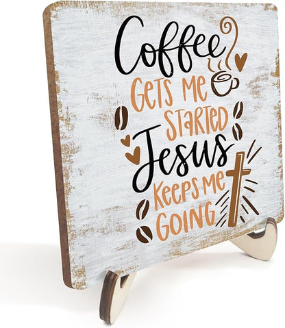 Inspirational Coffee Sign Rustic Desk Decor Decorative Christian Religious Bible Verse Faith Decoration for Home Farmhouse Bedroom Office Coffee Bar Table Shelf Tiered Tray Plaque with Wood Stand
