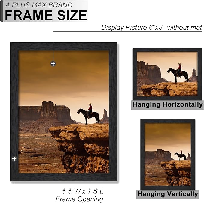 A PLUS MAX 6x8 Picture Frame Set of 6, Black Engineered Wood Frame for 6 x 8 Inch Picture Poster Photo, Light Weight 6 by 8 Frame with Wood-grain for Wall - 6 Pack/Black/6"x8"