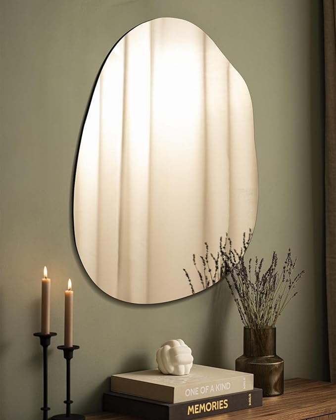 Irregular Frameless Bathroom Mirror,22 x 30 Inch Asymmetrical Wall Mirror with Wood Frame,Vanity Modern Tempered Glass Mirror for Bedroom,Entryway,Living Room