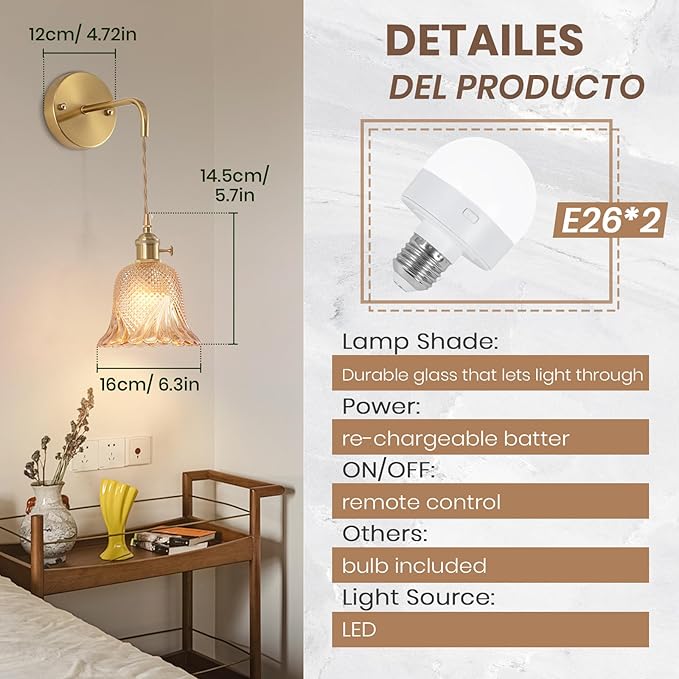 Vintage Battery Operated Wall Sconce Set of 2, RGB Dimmable LED Wall Light with 12 Colors,Rechargeable Battery Powered Wall Light with Adjustable Chain Retro for Living Room Bedroom