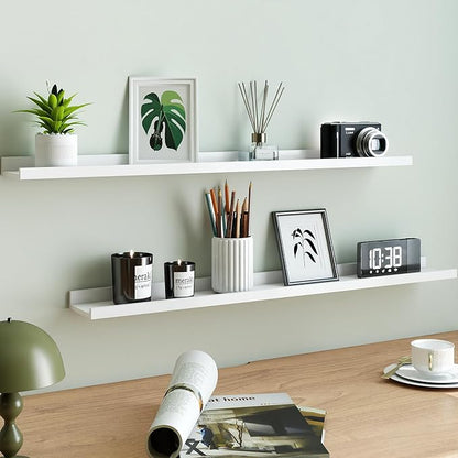 White Floating Shelves for Wall Decor, Long Wall Mounted Storage Shelf for Bedroom, Living Room, Bathroom, Kitchen, Nursery, Display Picture Ledge Shelf with Lip Set of 2-36 Inches, White