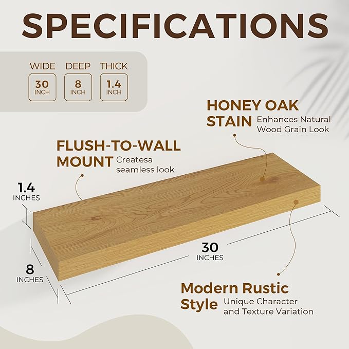 Dreamland 30 Inches Floating Shelves for Wall, 8 Inch Deep Floating Shelves Set of 2, Large Display & Storage Shelf, Wall Shelf for Bathroom Bedroom Living Room Kitchen Office,Oak