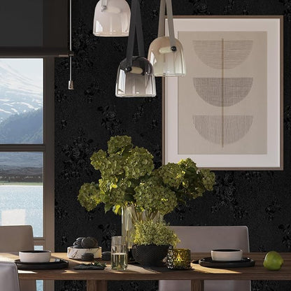 Black Peel and Stick Wallpaper Floral Black Wallpaper 17.7inch x 118.1inch Embossed Flower Contact Paper Peel and Stick Textured Self Adhesive Removable Wall Paper Floral Vinyl for Cabinets