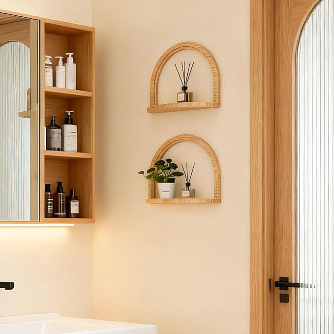 Boho Shelves Wall Decor: Mid Century Modern Floating Shelves with Ledge for Bathroom Bedroom Living Room Nursery