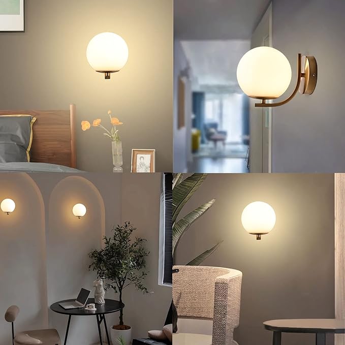 Gold Wall Sconces Set of 2, Mid Century Modern Wall Sconce with Globe Frosted Glass Shade, Art Deco Wall Mounted Light Fixture for Living Room, Bedroom, Hallway
