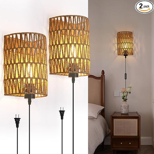 Boho Wall Decor Plug in Wall Sconces, Dimmable Sconces Wall Decor Set of 2, Natural Hemp Rope Boho Decor, Plug in Wall Light with Remote, LED Bulbs Included