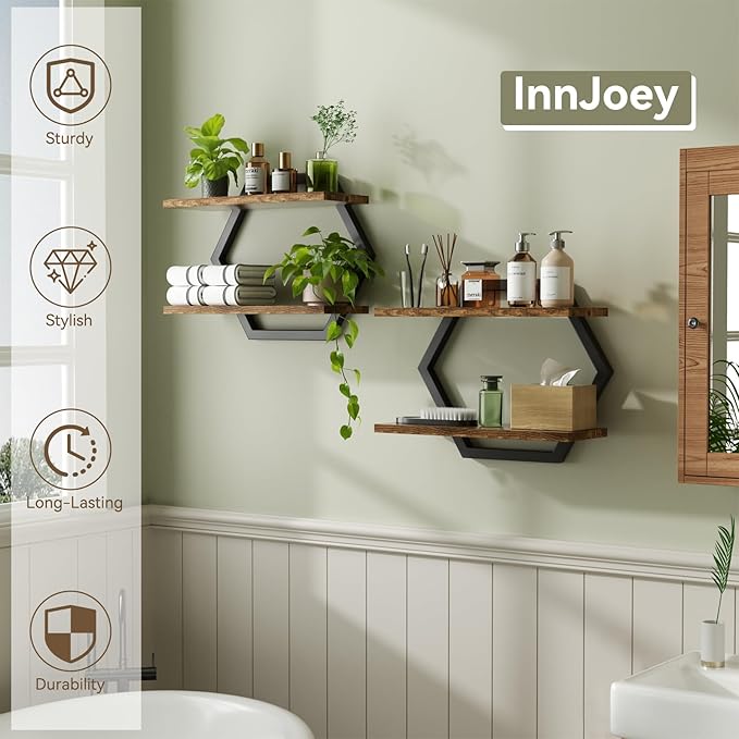 Floating Shelf- Floating Shelf for Wall Set of 2, 2 Tier Shelves for Wall for Bathroom, Bedroom, Toilet, Kitchen, Living Room, Office, Rustic Brown