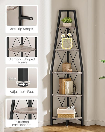5-Tier Corner Shelf, Corner Bookshelf, Ladder Shelf, Floor Standing Storage Rack, Open Display Stand, Plant Stand, for Living Room, Bedroom, Study, Bathroom, Greige and Black TCJ22BG