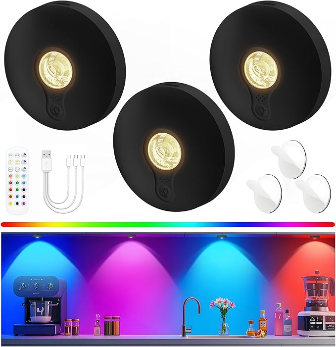 Rechargeable Puck Lights with Remote, 3 Pack Magnetic Under Cabinet Lighting, 1500mAh Battery Operated LED Tap Lights with Dimmer & Timmer for Kitchen, Closet, Shelf - 3 Color Temps & 12 RGB, Black