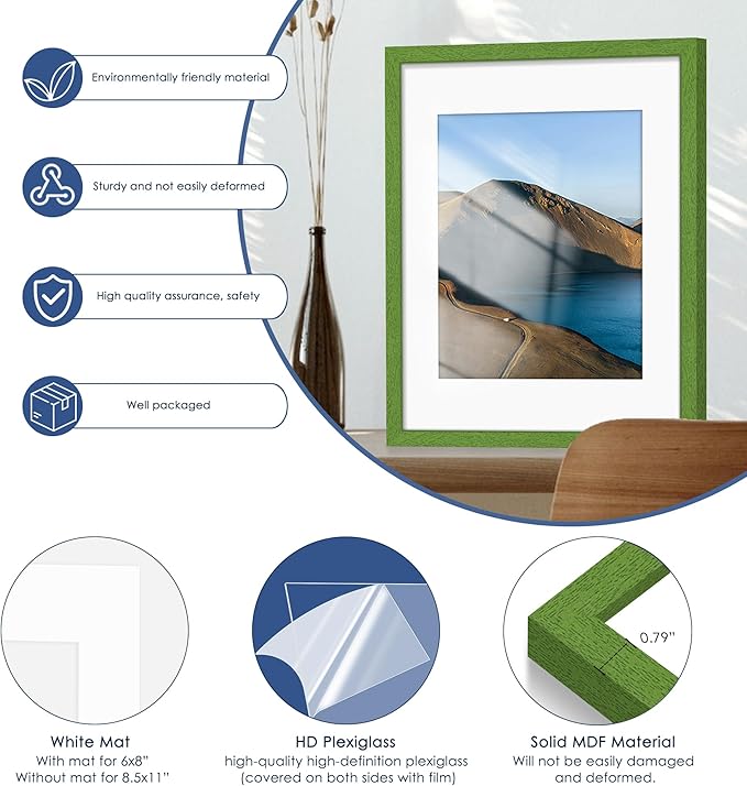 PEALSN 11x14 Picture Frame Set of 6, Display Pictures 8x10 with Mat or 11x14 without Mat for Wall Mounting or Table Top Display, Photo Frames Collage for Wall Decor, Green