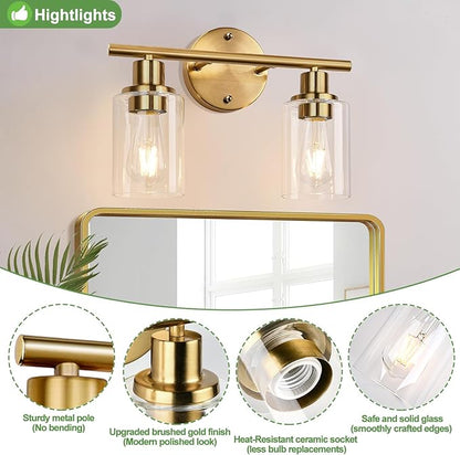 2-Light Bathroom Light Fixtures, Brushed Gold Vanity Light, Modern Vanity Lights with Clear Glass Shade, Bathroom Wall Lamp for Mirror Kitchen Living Room Hallway Cabinet Porch