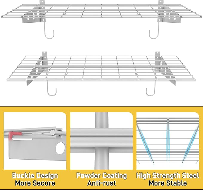 Ultrawall Garage Wall Shelves, 2 x 4 ft Wall Mounted Storage Shelves, Heavy Duty Wall Shelving with Hooks, Holds Up to 220 Lbs, 2Pack, White