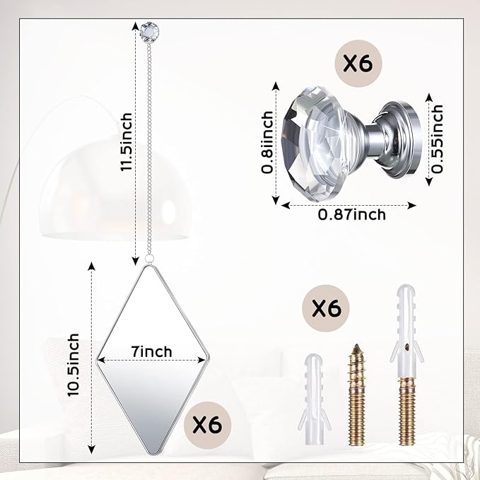 Suzile 6 Pcs Diamond Wall Mirror Set with Chain Hanging with Diamond Handle Frame Decorative Chain Mirror for Home Entryways Living Room Bathroom Farmhouse Wall Decor(Silver)