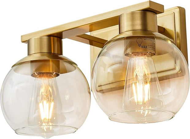 PAZALA 2 Light Vanity Lights, Brushed Brass Bathroom Wall Sconce Light with Globe Glass Shade, Bathroom Light Fixture Over Mirror for Bedroom, Living Room, Hallway (E26 Base)