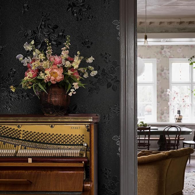Black Peel and Stick Wallpaper Floral Black Wallpaper 17.7inch x 393.7inch Embossed Flower Contact Paper Peel and Stick Textured Self Adhesive Removable Wall Paper Floral Vinyl for Cabinets