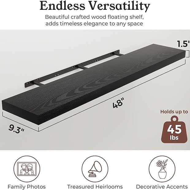 Floating Shelves for Wall, 9.3" Deep Wall Mounted Wood Shelves for Bathroom, Bedroom (Black, 48)
