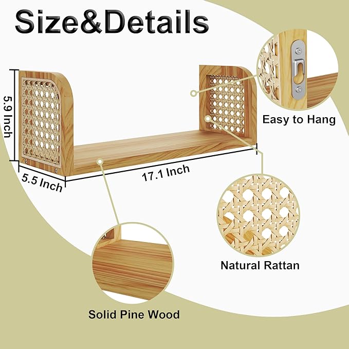 17 Inch Rattan Wall Shelf, Wooden Hanging Bookshelf Storage, Natural Cute Nursery Shelves Wall Mounted, Boho Decorative Floating Shelves for Kids Room, Living Room, Play Room, Bedroom