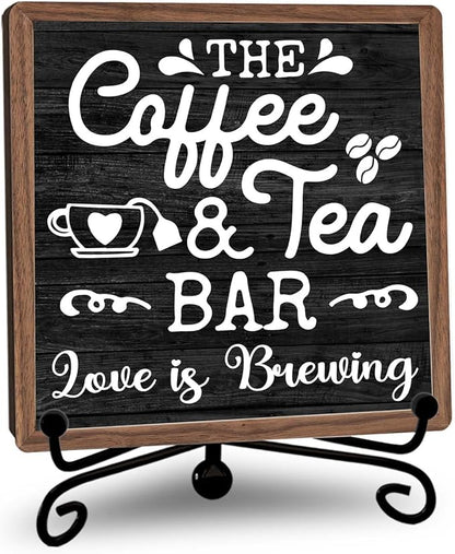 Farmhouse Coffee Bar Decor, Coffee Tea Wooden Signs for Home Office Desk Shelf, Rustic Tabletop Centerpieces for Kitchen Accessories - A04