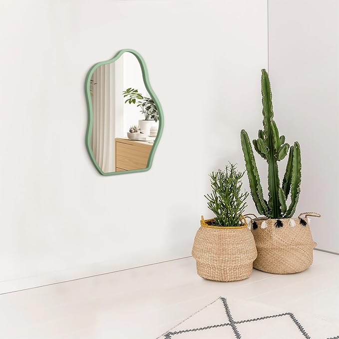 Green Irregular Hanging Wall Mirror Wooden Framed Modern Asymmetrical Mirrors for Wall Artistic Decorative Mirror Wall Decor Mirrors for Bedroom Bathroom Living Room Small 16"x12"