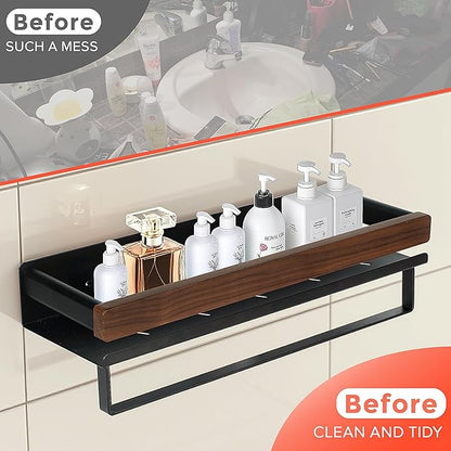 Bathroom Shelf 40 Inch, Wall Mounted Organizer with Towel Rail & Self-Draining - Space Saver with Removable Clips for Kitchen, Living Room, Solid Walnut Finish