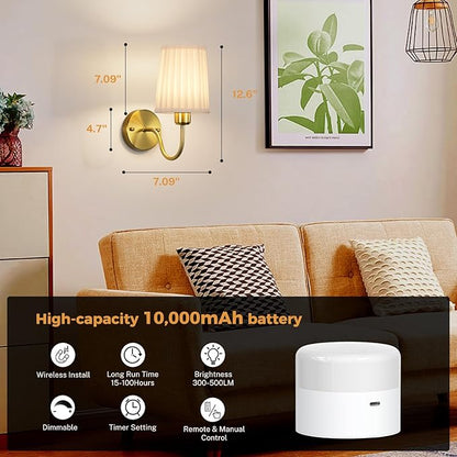 Battery Operated Wall Sconce Set of Two, Wireless Wall Sconces with 10000mAh Dimming Magnetic Bulb, Rechargeable Wall Sconce with Pleated Fabric for Bedroom Living Room Gallery Hallway, Gold