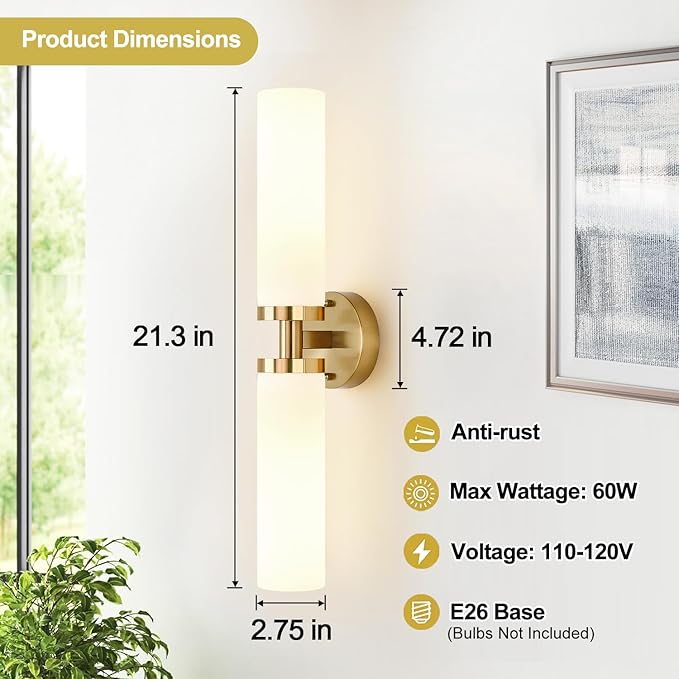 Wall Sconces Set of Two, Brushed Gold Bathroom Sconces Wall Lighting with Milky White Glass, Modern Sconces Wall Decor Set of 2 Bathroom Light Fixtures for Mirror Living Room Hallway Bedroom
