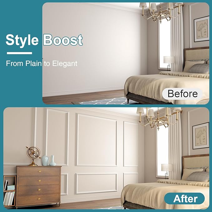 Precut Wall Molding Kit - Set of 12 Frames Paintable Wainscoting Panels Ready-to-Assemble Accent Wall Kit, Modern Molding Trim Decor for Living Room Bedroom Hallway Kitchen Island