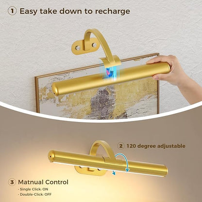 Joossnwell Wireless Picture Light Gold Rechargeable Painting Lamp Battery Wall Light with 3 Modes for Displaying Art, Dartboards and Learn(12.6 Inch)