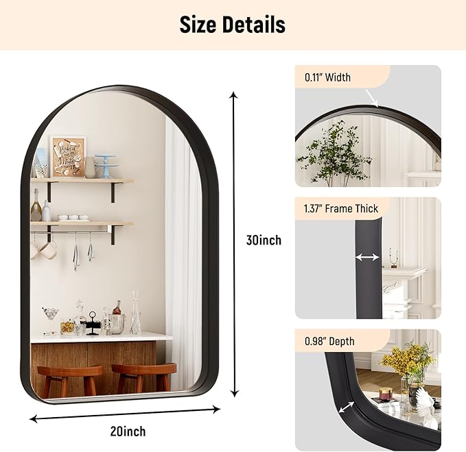 GLSLAND 20”x30“ Arched Bathroom Mirror - Black Aluminum Alloy Framed Wall Mirror, Arch Matted Vanity Mirror for Bedroom, Entryway Home Decor