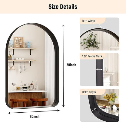 GLSLAND 20”x30“ Arched Bathroom Mirror - Black Aluminum Alloy Framed Wall Mirror, Arch Matted Vanity Mirror for Bedroom, Entryway Home Decor