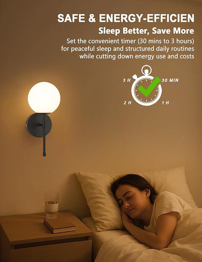 Battery Operated Wall Sconces Set of 2, Glass Globe Wireless Lights with Remote & Touch Control, Rechargeable Matte Black Sconce, 3 Color Dimmable Ambient Lighting for Bedroom Living Room