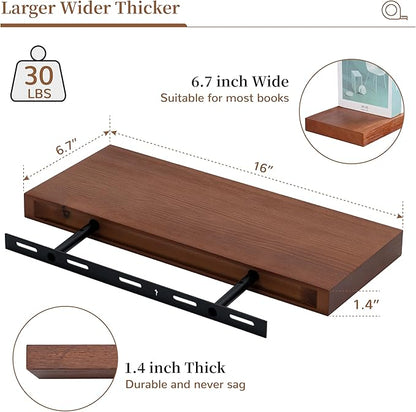 Marsmiles Wood Floating Shelves | Rustic Mahogany Wood Wall Shelves Set of 2 | 16" W x 6.7" D Wooden Floating Shelves for Bathroom Kitchen Living Room Bedroom