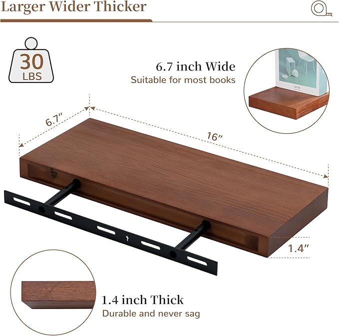 Marsmiles Wood Floating Shelves | Rustic Mahogany Wood Wall Shelves Set of 2 | 16
