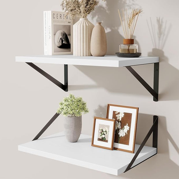Floating Shelves for Wall,18" Wall Mounted Shelves Set of 2,Wood Floating Shelf with Bracket,Sturdy Metal Bracket Bookshelves Home Decor Storage for Living Room,Bedroom,Bathroom,Kitchen,White