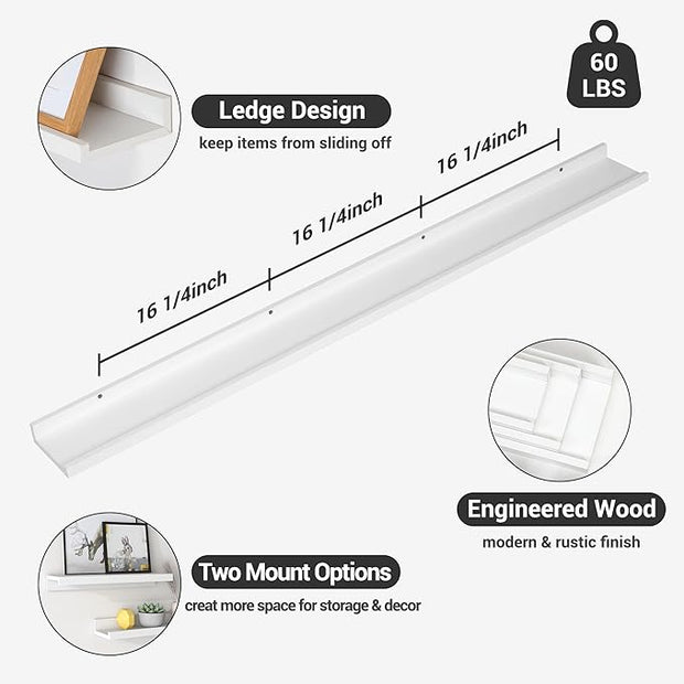 Axeman Picture Ledge Shelf | 55 Inch White Floating Shelves Set of 3 | Rustic Wood Wall Shelves with Lip | 55" White Picture Shelf for Wall with Ledge | Photo Shelves