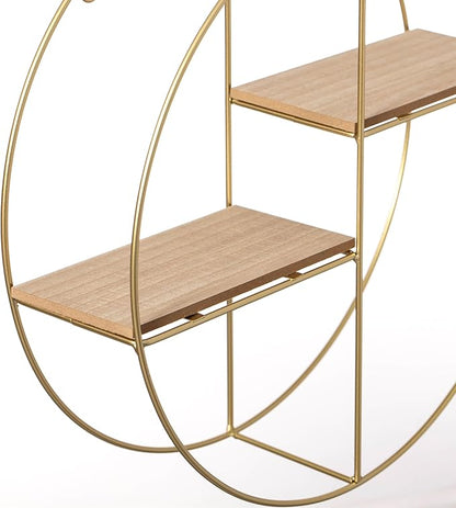 Vintiquewise Elegant 2-Tier Decorative Floating Circular Silhouette Wall Shelf - Circular Metal and Wood Wall-Mounted Shelf for Entryway, Bathroom, Bedroom, and Living Room Decor, Gold Finish