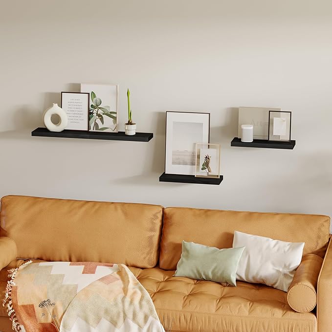 Fixwal Floating Shelves for Wall, Wall Mounted Rustic Wood Shelves for Bathroom, Living Room, Bedroom and Kitchen, Wall Shelves for Storage,Books,Room Decor (Black, Set of 4, 15.8 Inch)