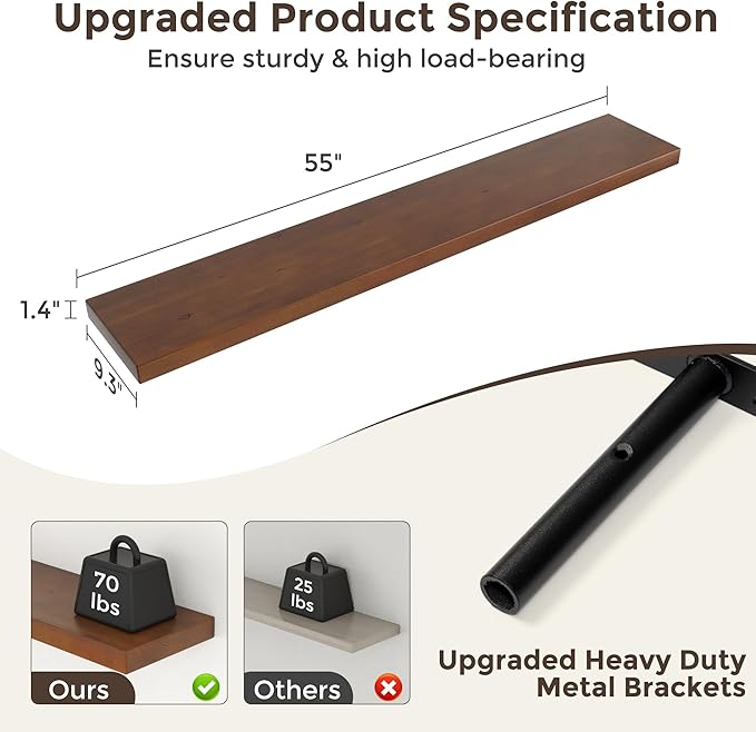 Axeman 55 Inch Floating Shelves for Wall, 9.3" Deep High End Solid Real Wood Wall Shelves with Heavy Duty Invisible Bracket for Living Room, Bedroom, Kitchen, Bathroom, Set of 1, Walnut Finish