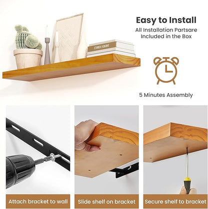 Fun Memories Wood Floating Shelves Set of 2, Rustic Pine Wood Floating Shelves for Wall Mounting, Wide Wall Shelf for Home Decor and Storage, 24" W x 7" D, Honey Oak