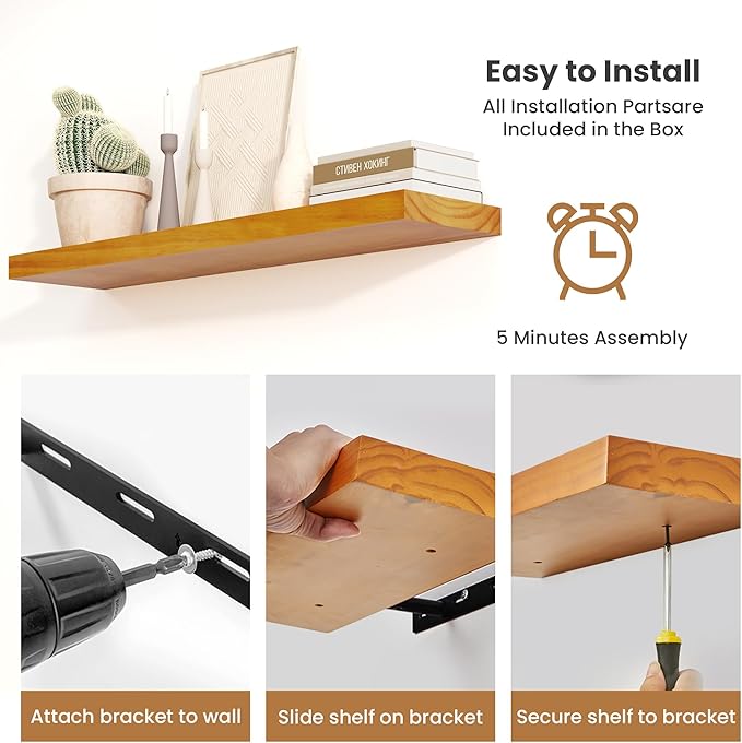 Fun Memories Wood Floating Shelves Set of 2, Rustic Pine Wood Floating Shelves for Wall Mounting, Wide Wall Shelf for Home Decor and Storage, 36" W x 7" D, Honey Oak
