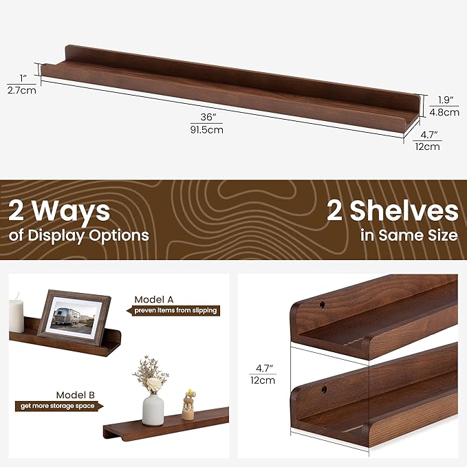 Floating Shelves for Wall 36 Inch - Wood Picture Ledge Shelf Set of 2 - Dark Wood Wall Shelves with Lip - Walnut Picture Shelf Photo Ledge
