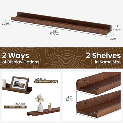 Floating Shelves for Wall 36 Inch - Wood Picture Ledge Shelf Set of 2 - Dark Wood Wall Shelves with Lip - Walnut Picture Shelf Photo Ledge