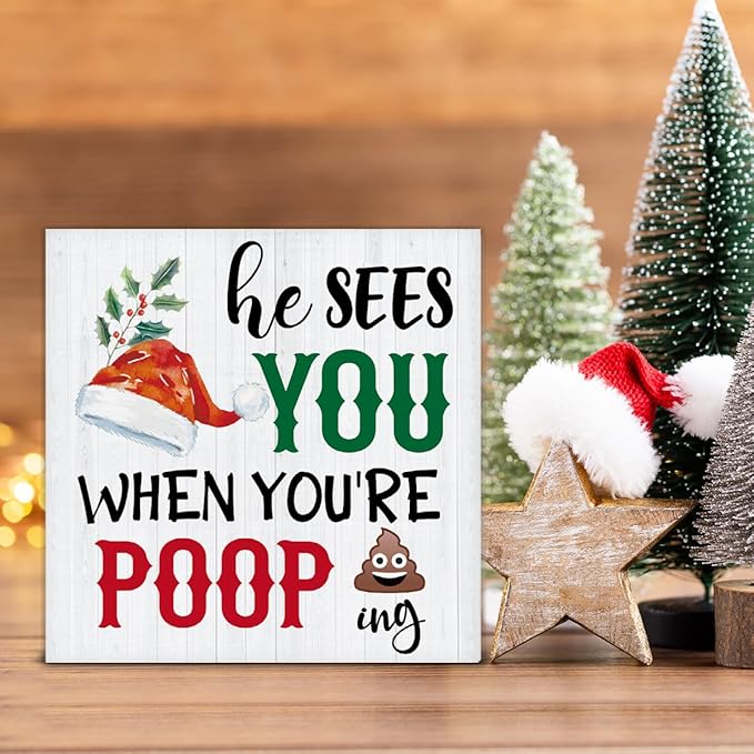 Funny Christmas Decor, Farmhouse Christmas Decorations, Gag Gifts for Women Men, He Sees You When You're Pooping Wooden Sign Rustic Home Bathroom Decor 5 x 5 Inches