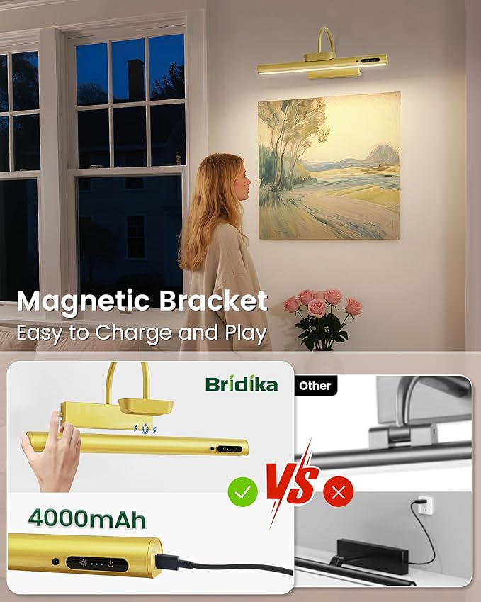Bridika Picture Light Battery Operated, 19.7in Picture Lights for Wall, 3 Colors & Brightness Dimmable, Rechargeable Art Light for Paintings Photo Dartboard Gallery Bedroom Bathroom Gold