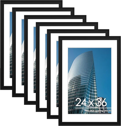 PEALSN 24x36 Poster Frame Set of 6, Display Pictures 20 x 30 with Mat or 24 x 36 without Mat, Poster Frames 24 x 36 inches for Wall Mounting Display, Black.