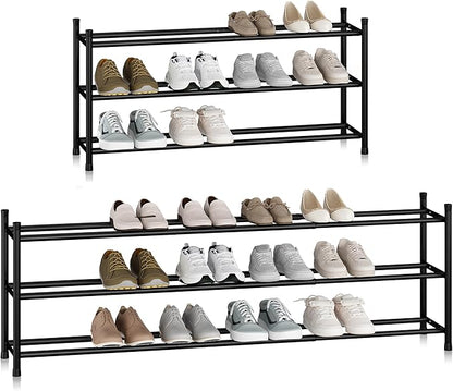 STORAGE MANIAC Long Expandable Shoe Rack, 18 Pairs Metal Wide Stackable Shoe Rack, Adjustable Shoes Shelf, Freestanding Shoes Organizer for Closet, Entryway, Hallway, Garage, Front Door, 3 Tiers
