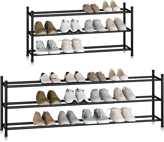 STORAGE MANIAC Long Expandable Shoe Rack, 18 Pairs Metal Wide Stackable Shoe Rack, Adjustable Shoes Shelf, Freestanding Shoes Organizer for Closet, Entryway, Hallway, Garage, Front Door, 3 Tiers