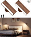 Battery Operated Wall Sconces Set of 2,Rechargeable Wall Lights Wood,Stick On Wall Lights for Bedroom,Wall Mounted Bedside Reading Lamps Dimmable,Battery Powered Wall Lamp for Bedroom