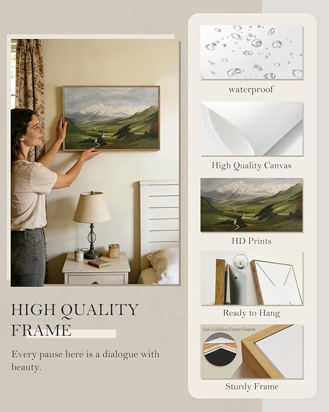 SHENIFY Landscape 16x24in Large Vintage Framed Canvas Wall Art Classical Mountain Range Valley Prints Farmhouse Bathroom Office Decor - Natural Framed